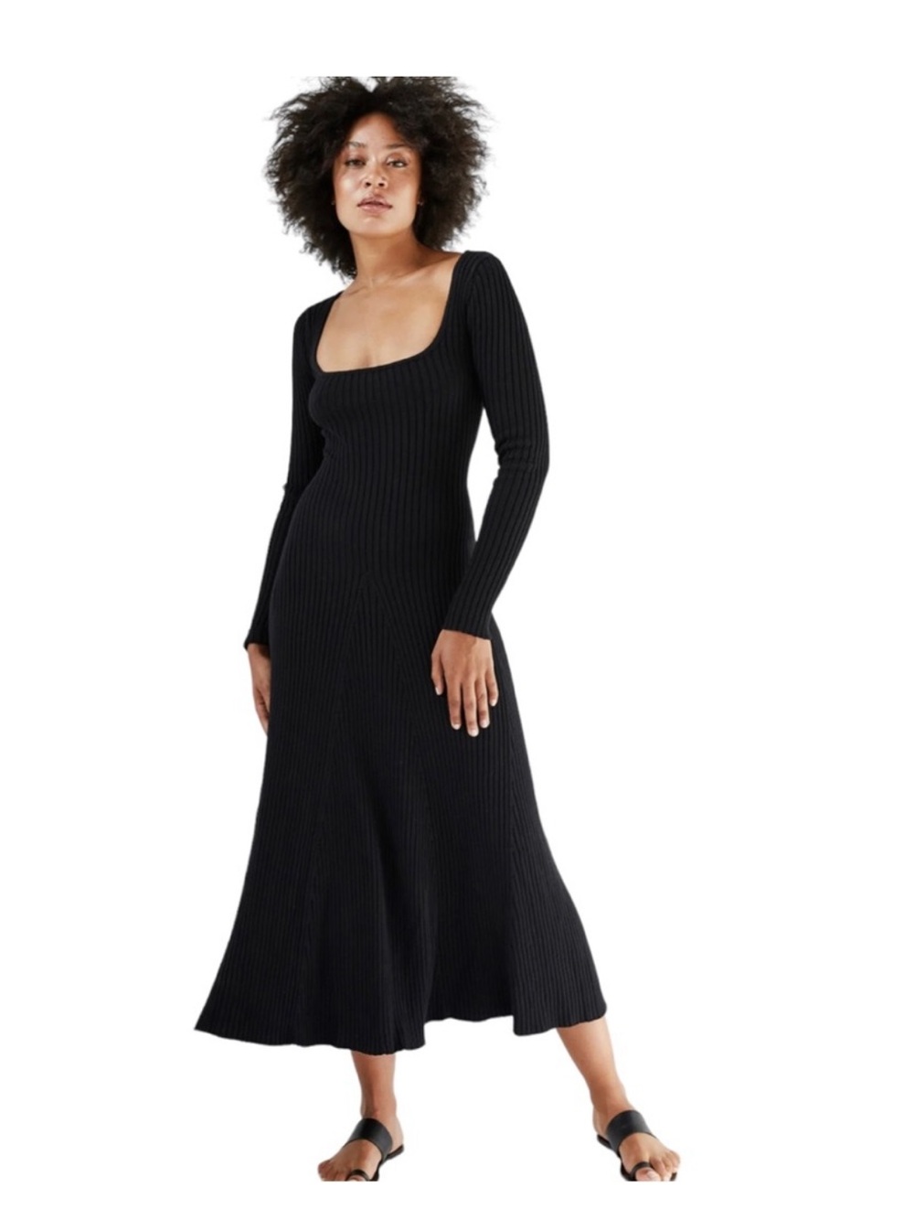 Anna Quan Vensa Rib Knit Scoop Neck Midi Dress Black Long Sleeve Size 12 - Picture 2 of 8